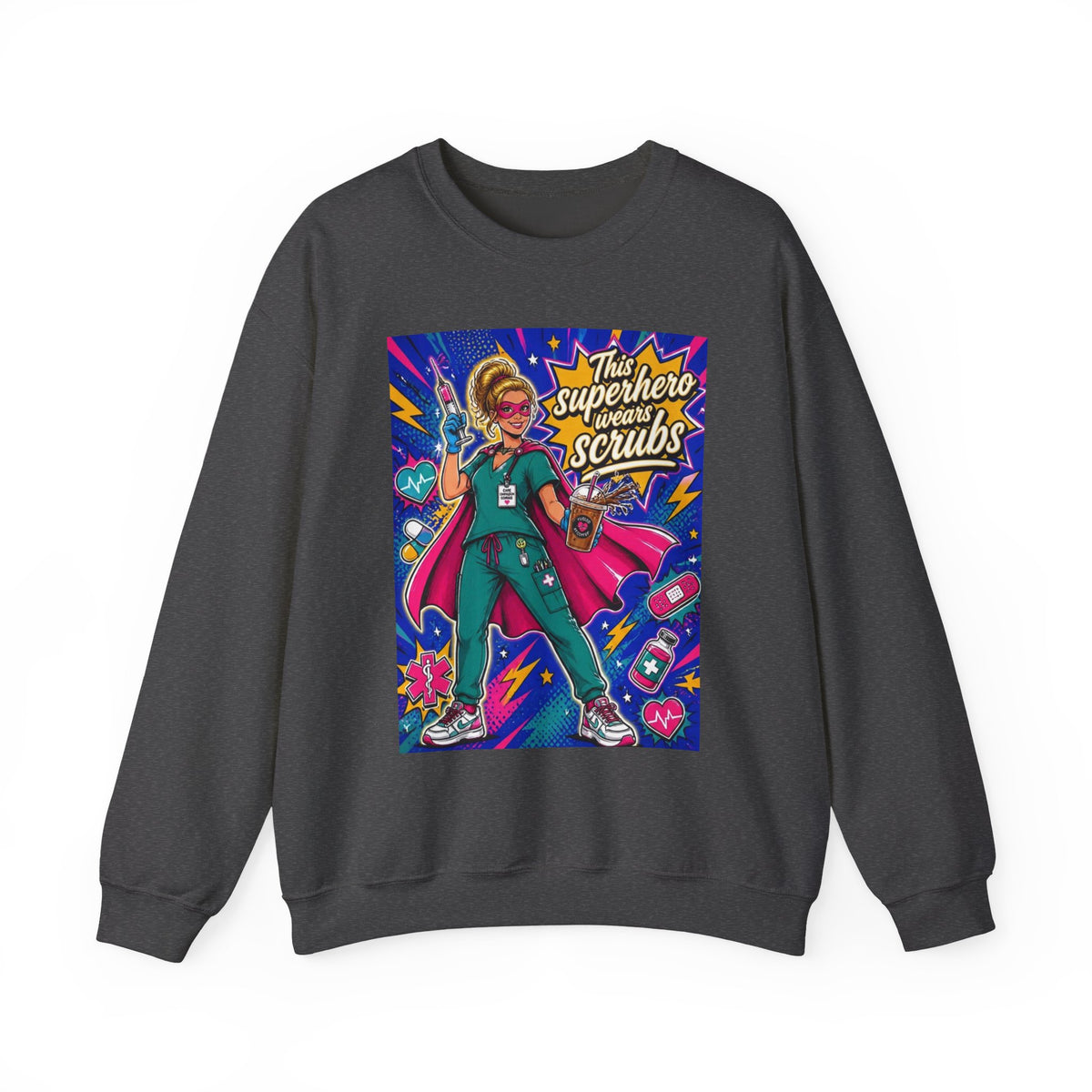 Nurse Superhero Sweatshirt – “This Superhero Wears Scrubs” Crewneck