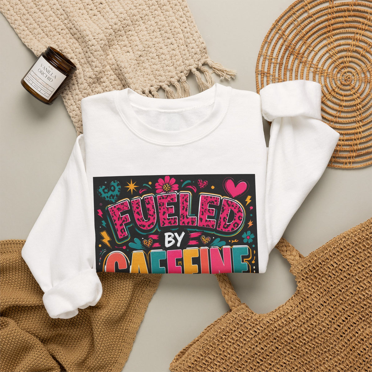 Crewneck Sweatshirt — Fueled by Caffeine and Chaos Colorful Graphic