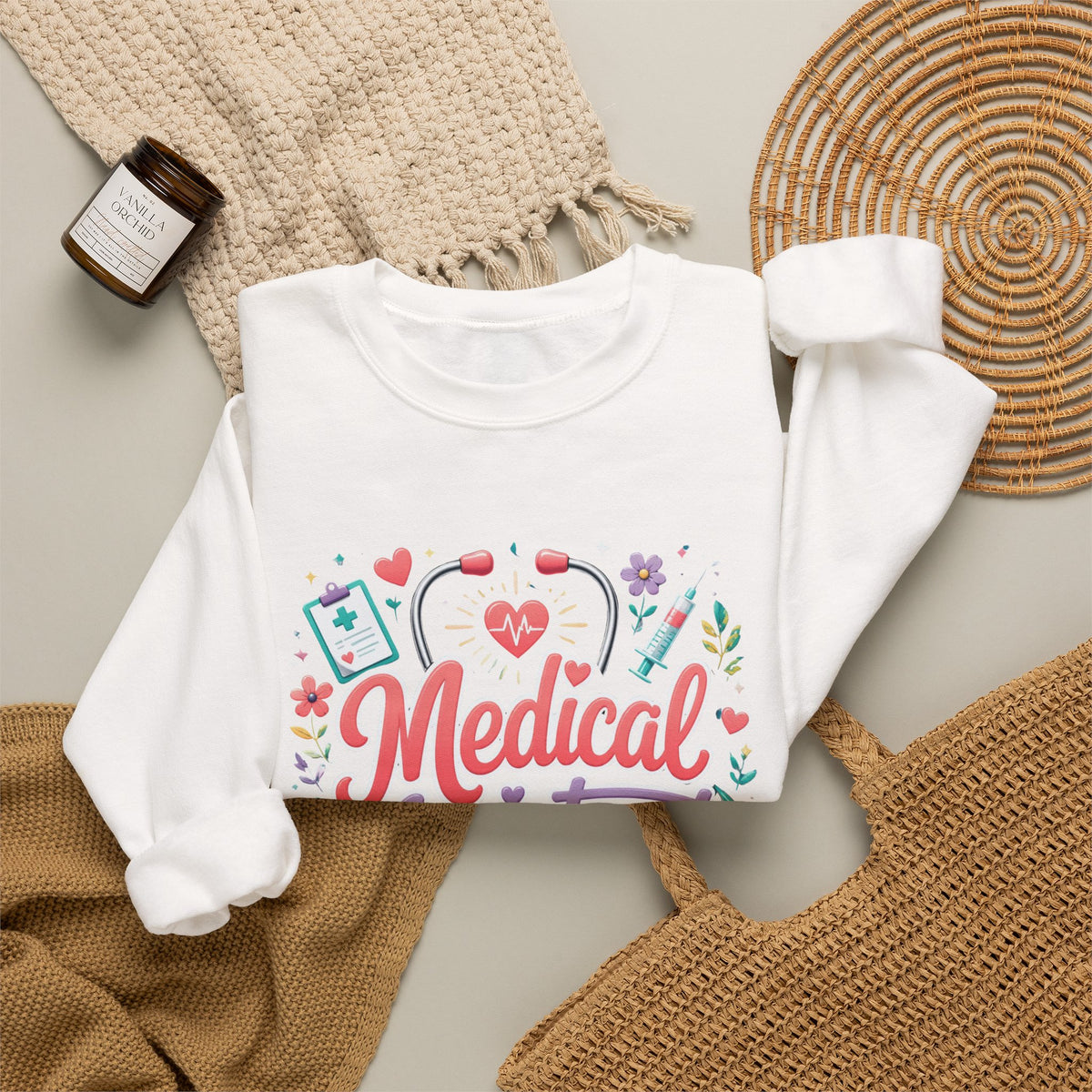 Medical Assistant Crewneck Sweatshirt — Cute Pastel Stethoscope & Heart Design