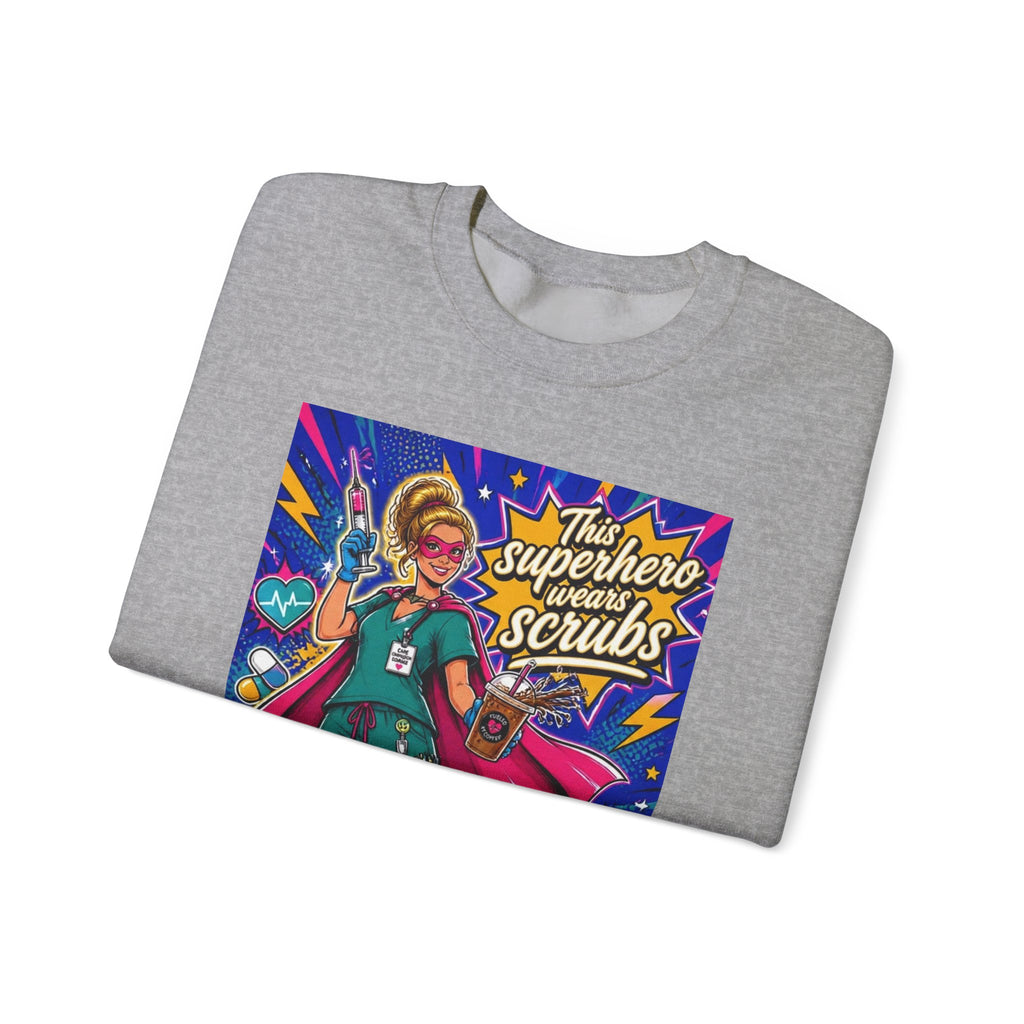 Nurse Superhero Sweatshirt – “This Superhero Wears Scrubs” Crewneck