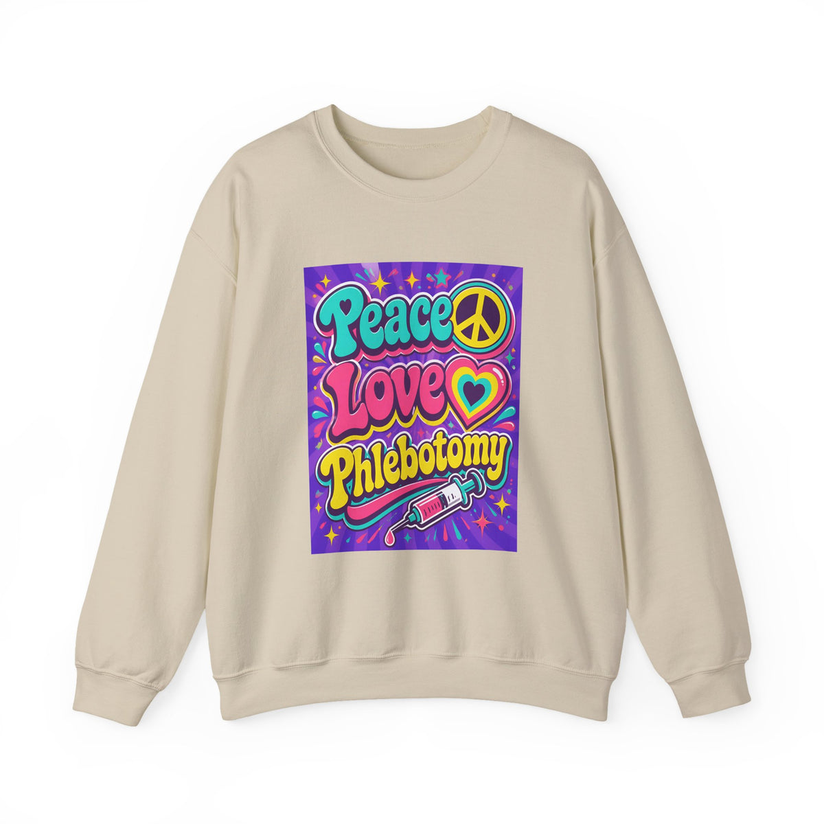 Crewneck Sweatshirt — "Peace Love Phlebotomy" Retro Hippie Medical Sweatshirt