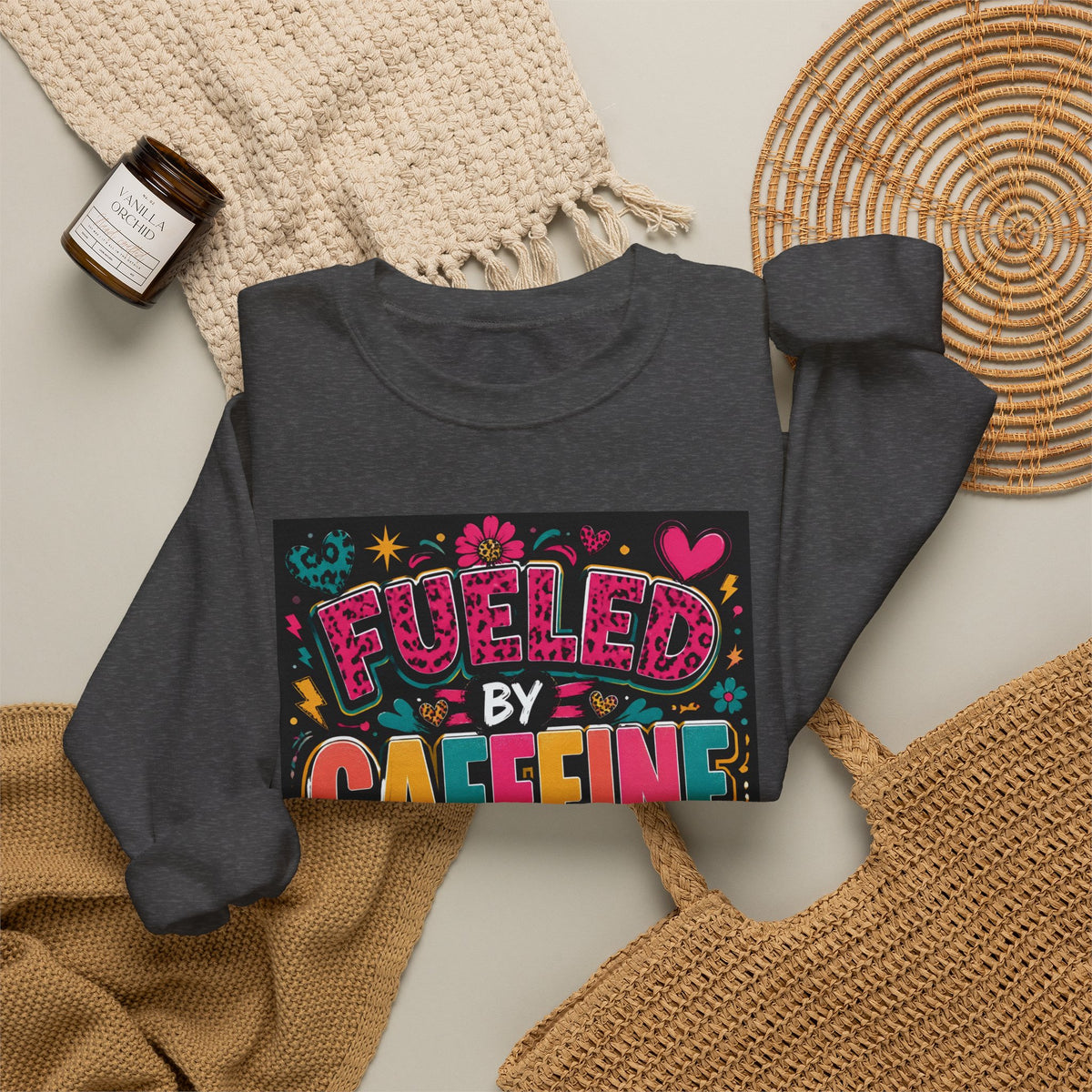 Crewneck Sweatshirt — Fueled by Caffeine and Chaos Colorful Graphic