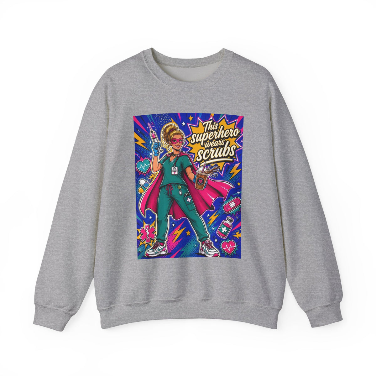 Nurse Superhero Sweatshirt – “This Superhero Wears Scrubs” Crewneck