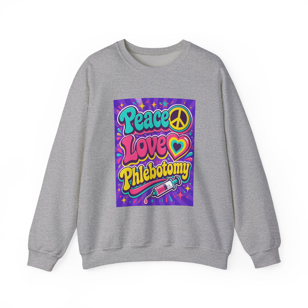 Crewneck Sweatshirt — "Peace Love Phlebotomy" Retro Hippie Medical Sweatshirt
