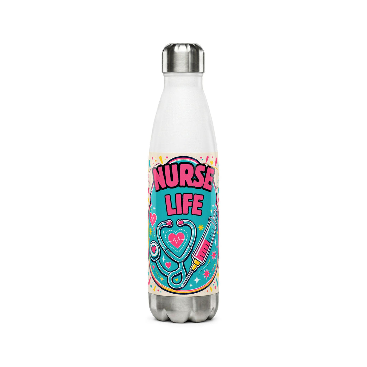 Nurse Life Stainless Steel Water Bottle – 17oz Insulated Bottle with Stethoscope & Syringe Design