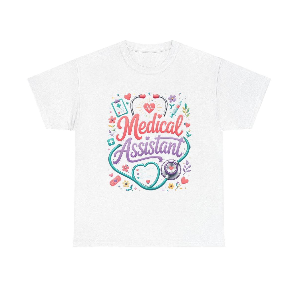 Medical Assistant T-Shirt — Cute Stethoscope & Nursing Icons Graphic Tee