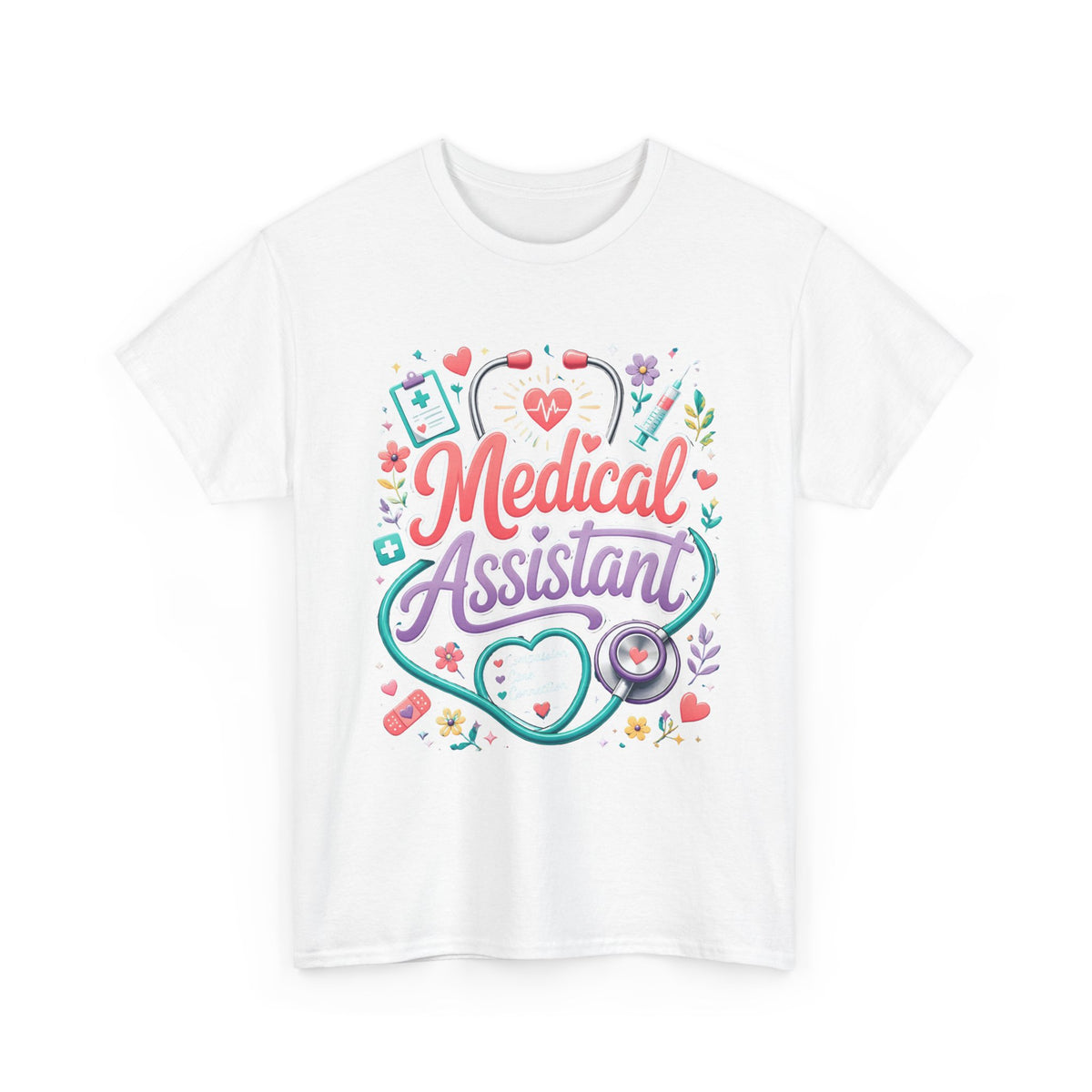Medical Assistant T-Shirt — Cute Stethoscope & Nursing Icons Graphic Tee