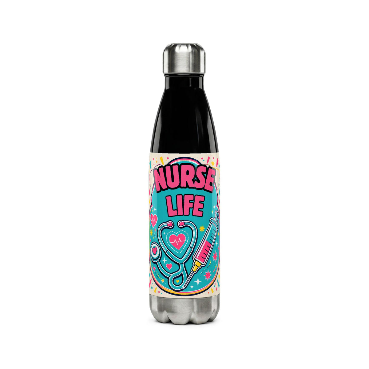 Nurse Life Stainless Steel Water Bottle – 17oz Insulated Bottle with Stethoscope & Syringe Design
