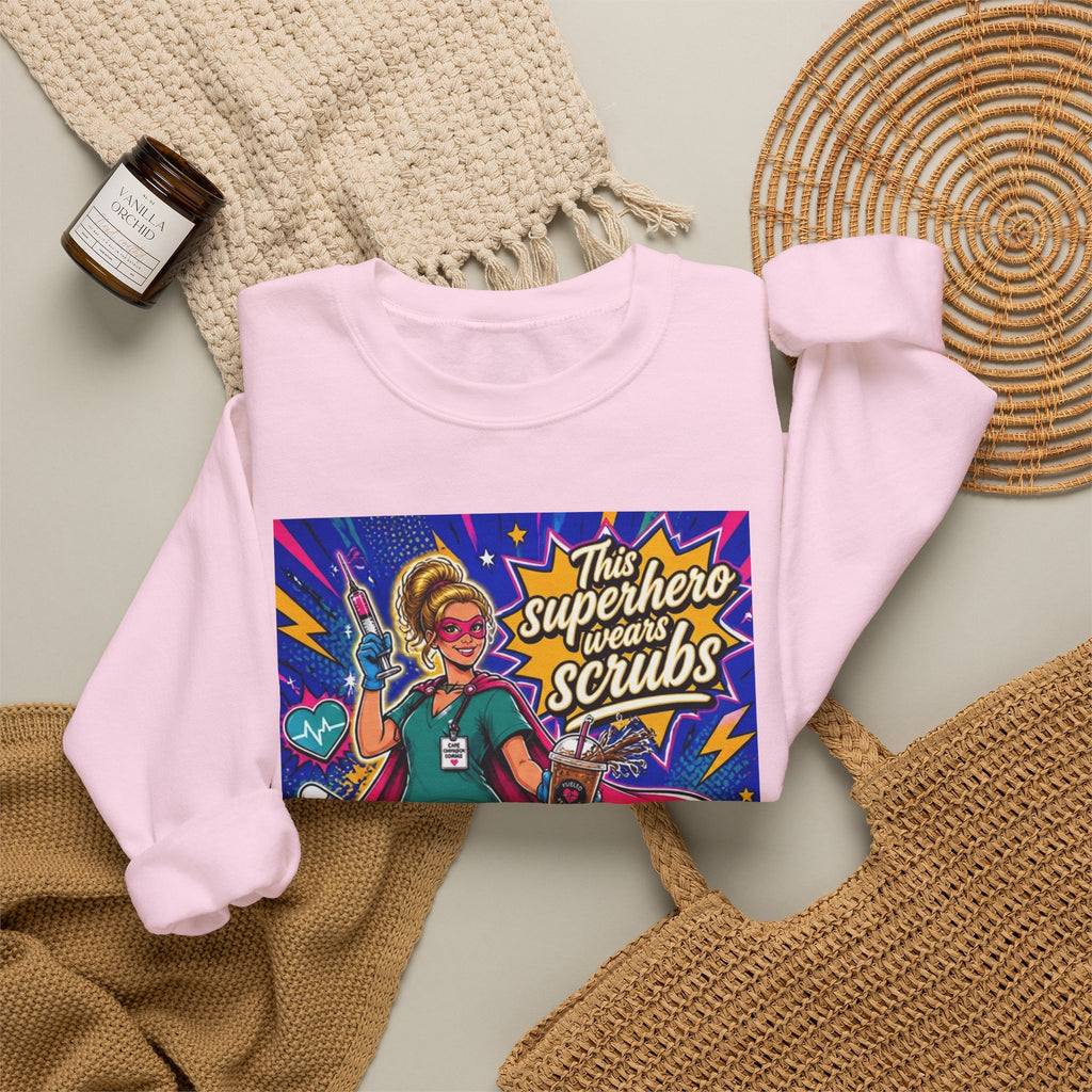 Nurse Superhero Sweatshirt – “This Superhero Wears Scrubs” Crewneck