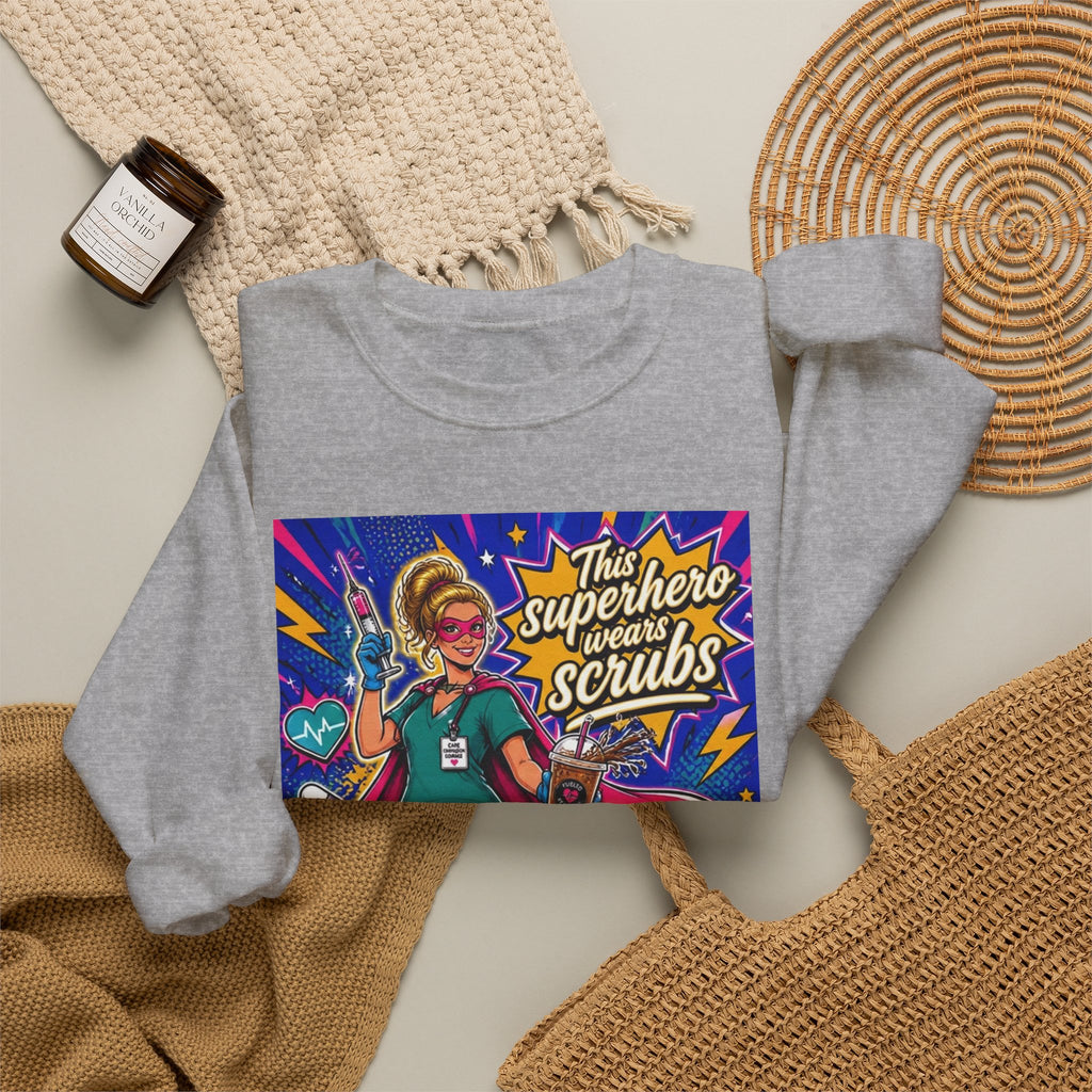 Nurse Superhero Sweatshirt – “This Superhero Wears Scrubs” Crewneck