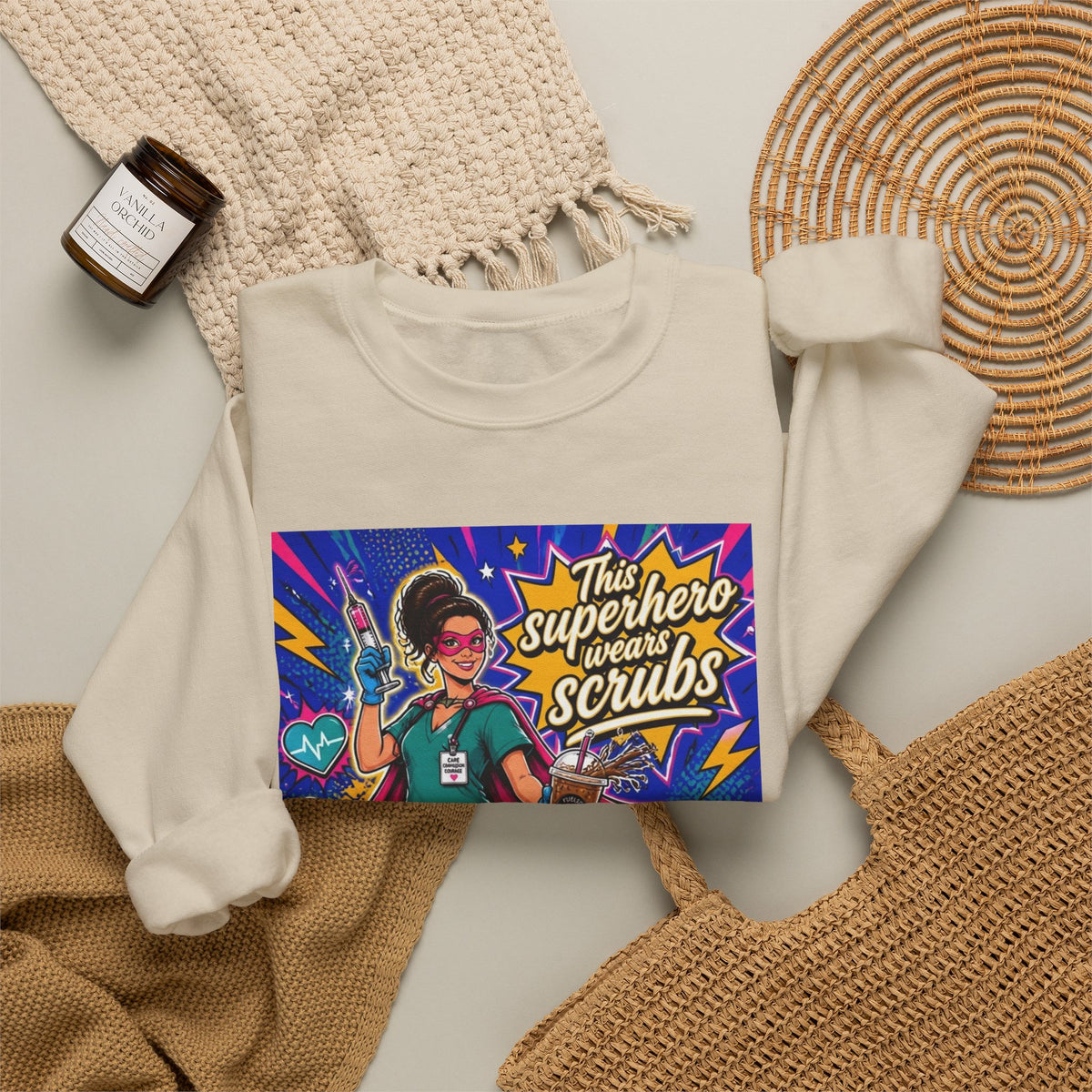 Nurse Superhero Sweatshirt — "This Superhero Wears Scrubs" Crewneck