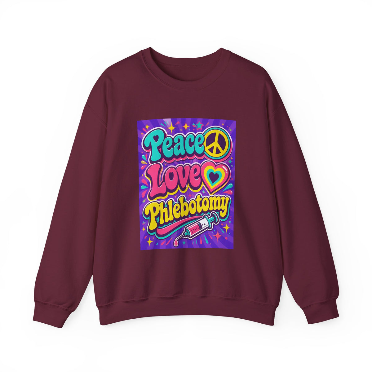 Crewneck Sweatshirt — "Peace Love Phlebotomy" Retro Hippie Medical Sweatshirt