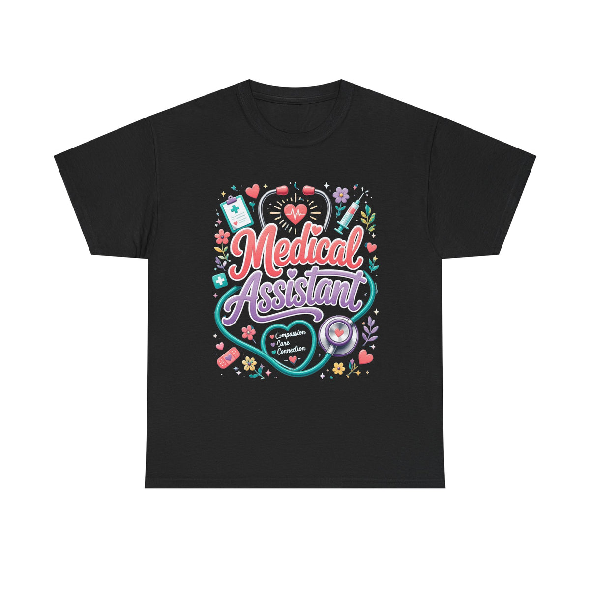 Medical Assistant T-Shirt — Cute Stethoscope & Nursing Icons Graphic Tee