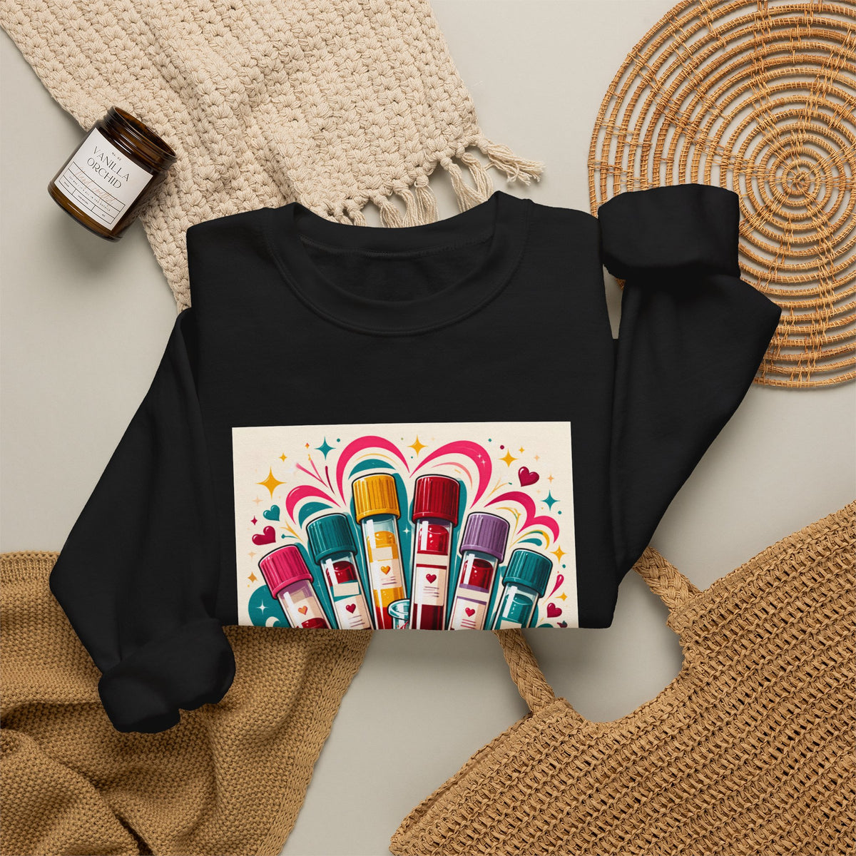 Crewneck Sweatshirt — Vibrant Phlebotomist Blood Tube Graphic