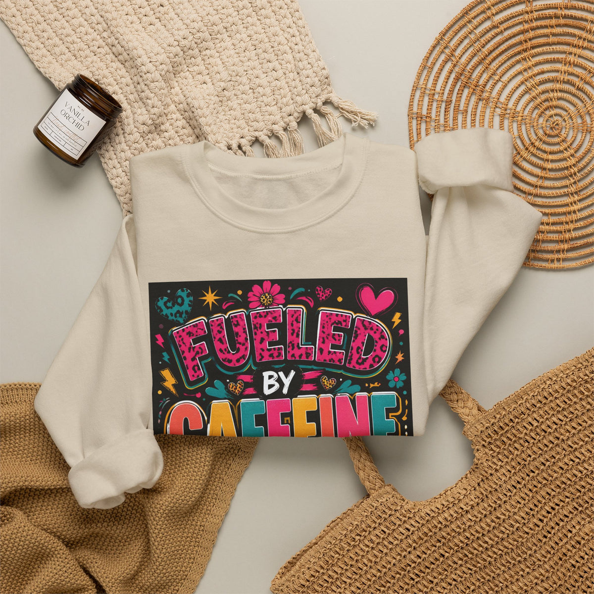Crewneck Sweatshirt — Fueled by Caffeine and Chaos Colorful Graphic