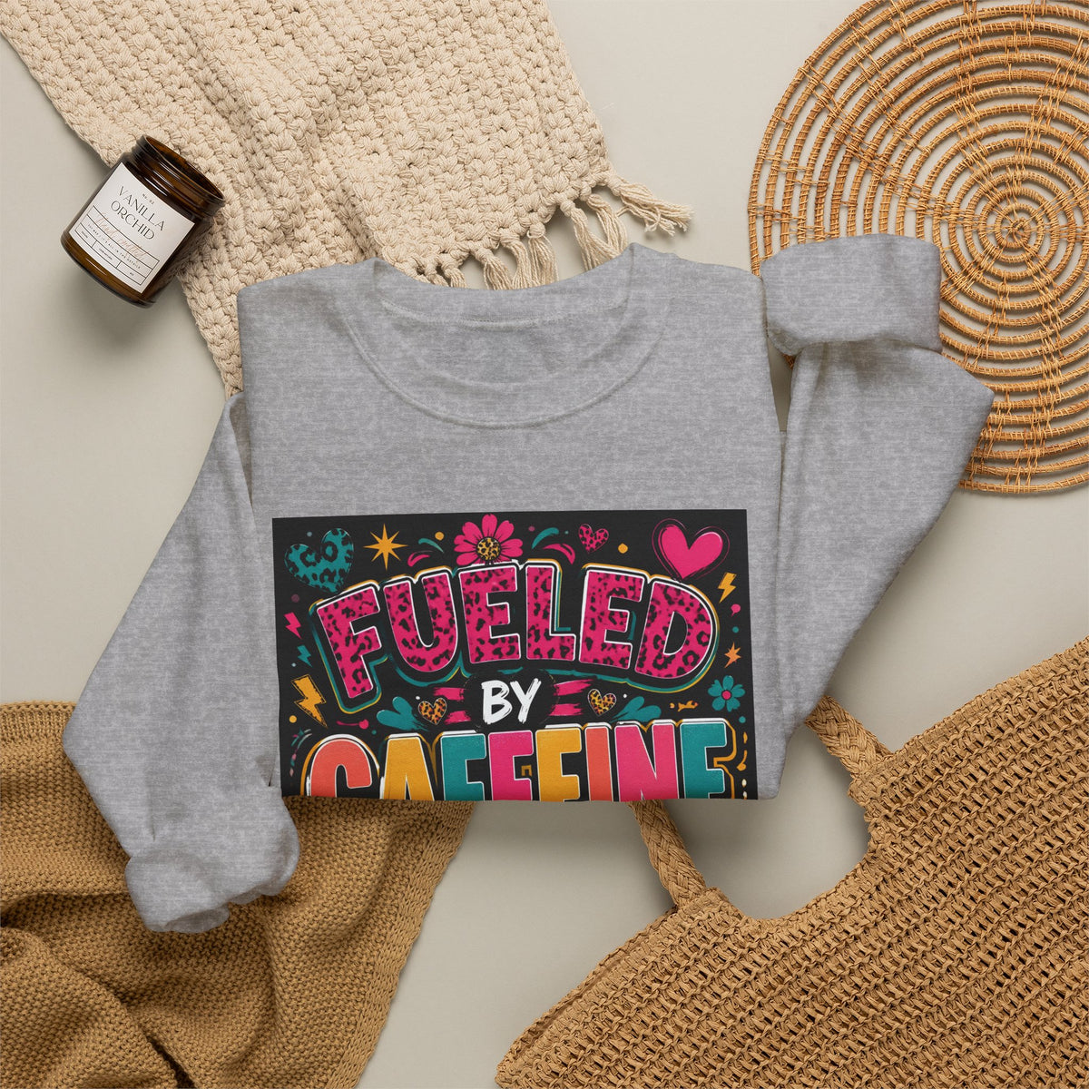 Crewneck Sweatshirt — Fueled by Caffeine and Chaos Colorful Graphic
