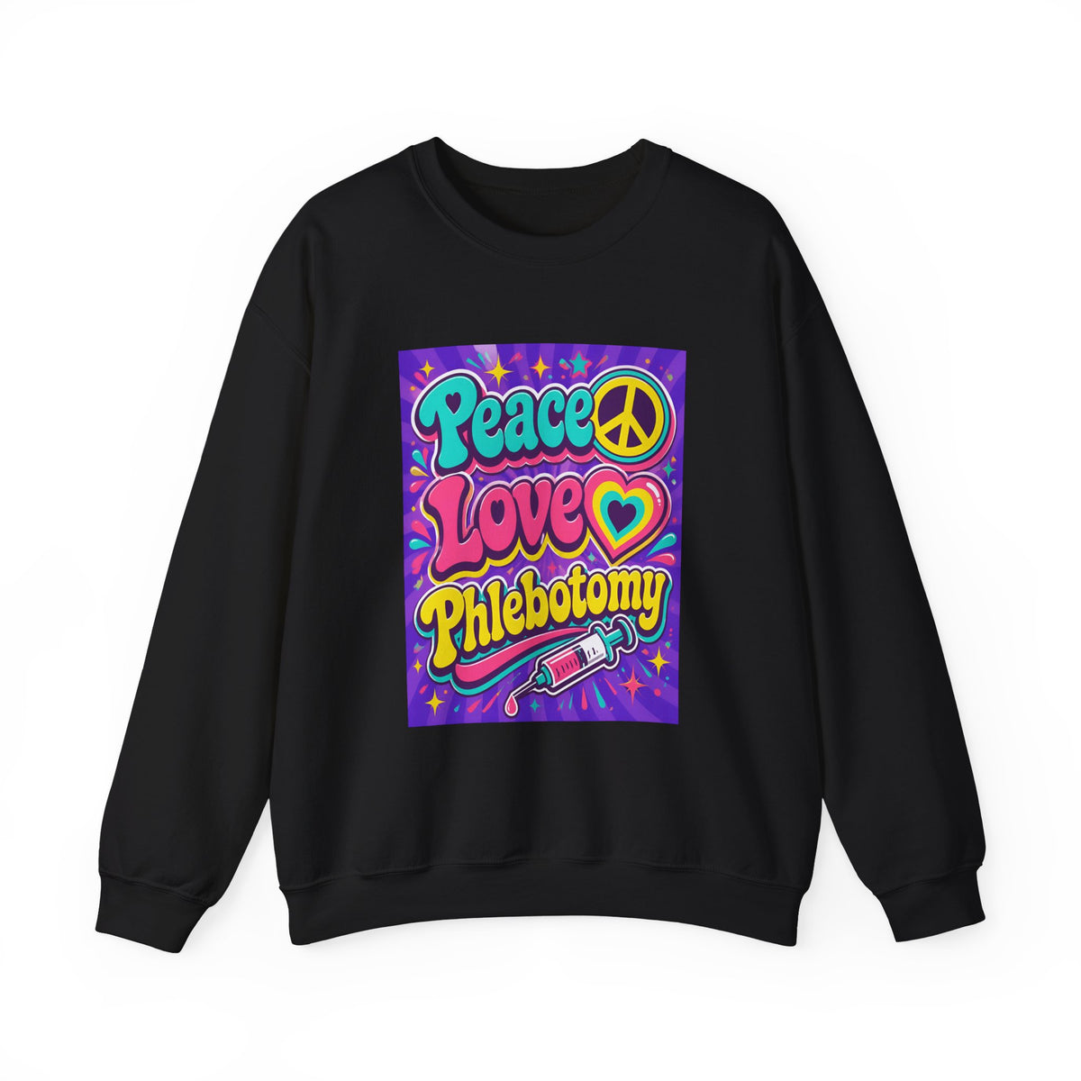 Crewneck Sweatshirt — "Peace Love Phlebotomy" Retro Hippie Medical Sweatshirt