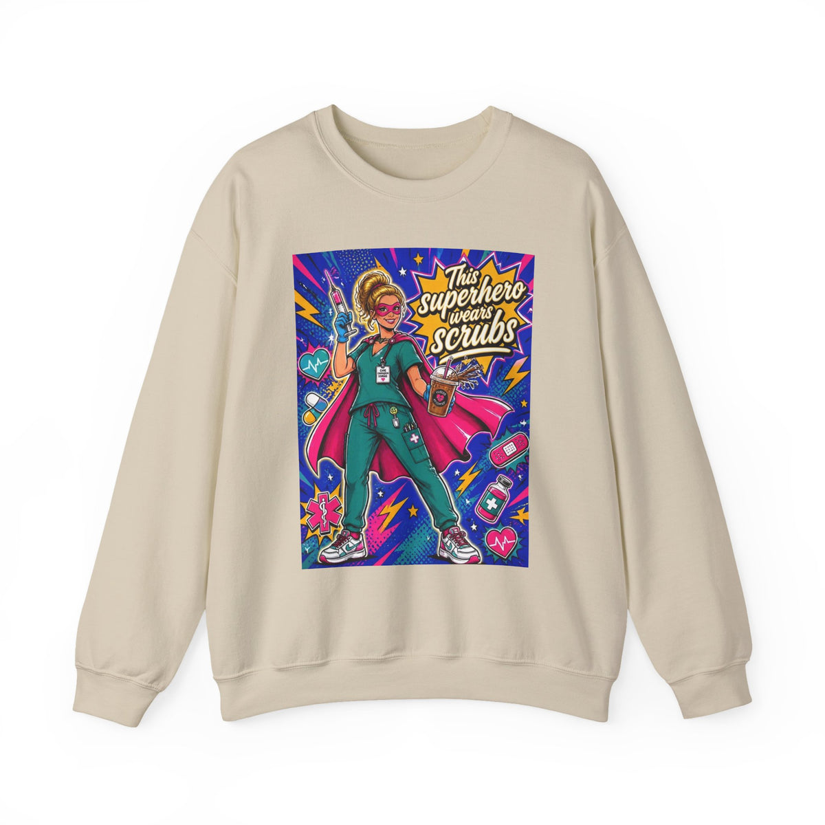 Nurse Superhero Sweatshirt – “This Superhero Wears Scrubs” Crewneck