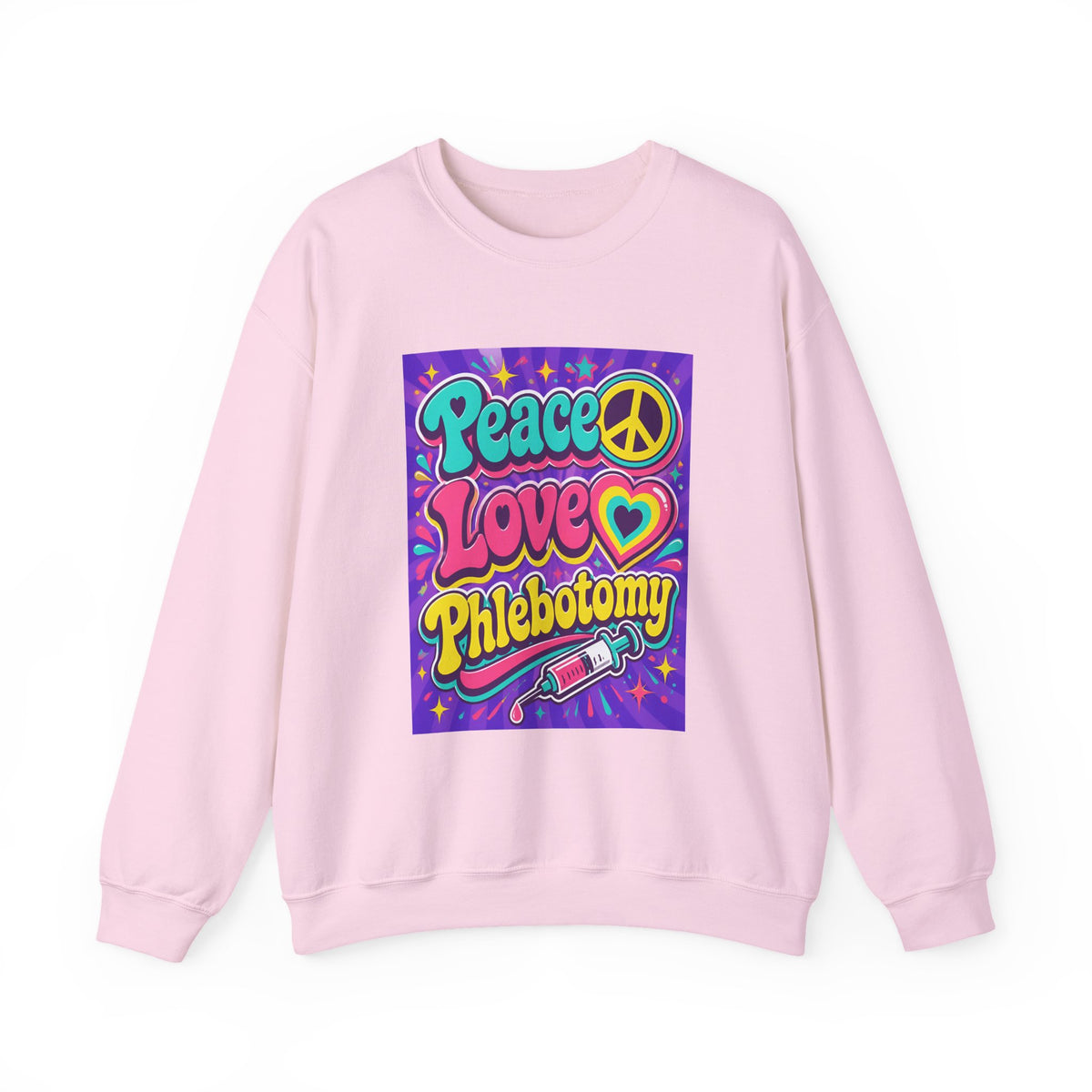 Crewneck Sweatshirt — "Peace Love Phlebotomy" Retro Hippie Medical Sweatshirt