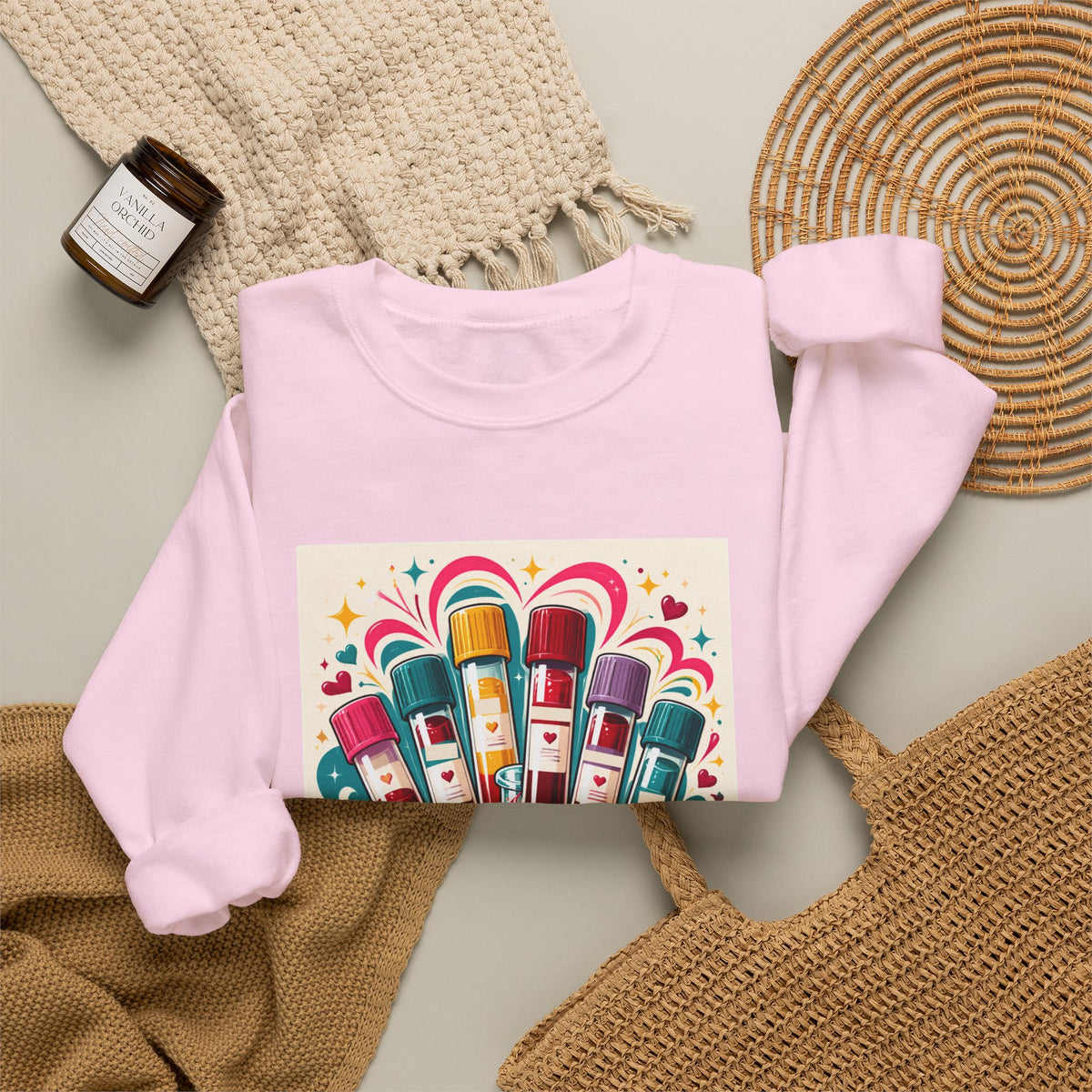 Crewneck Sweatshirt — Vibrant Phlebotomist Blood Tube Graphic