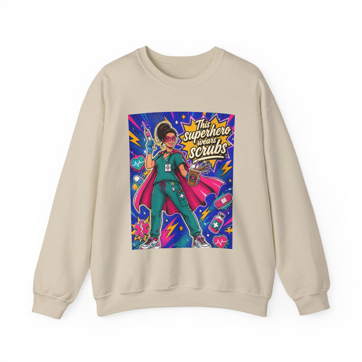 Nurse Superhero Sweatshirt — "This Superhero Wears Scrubs" Crewneck