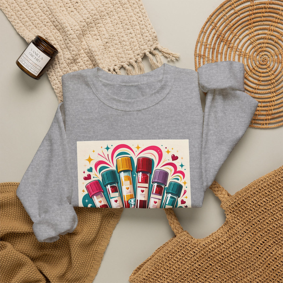 Crewneck Sweatshirt — Vibrant Phlebotomist Blood Tube Graphic
