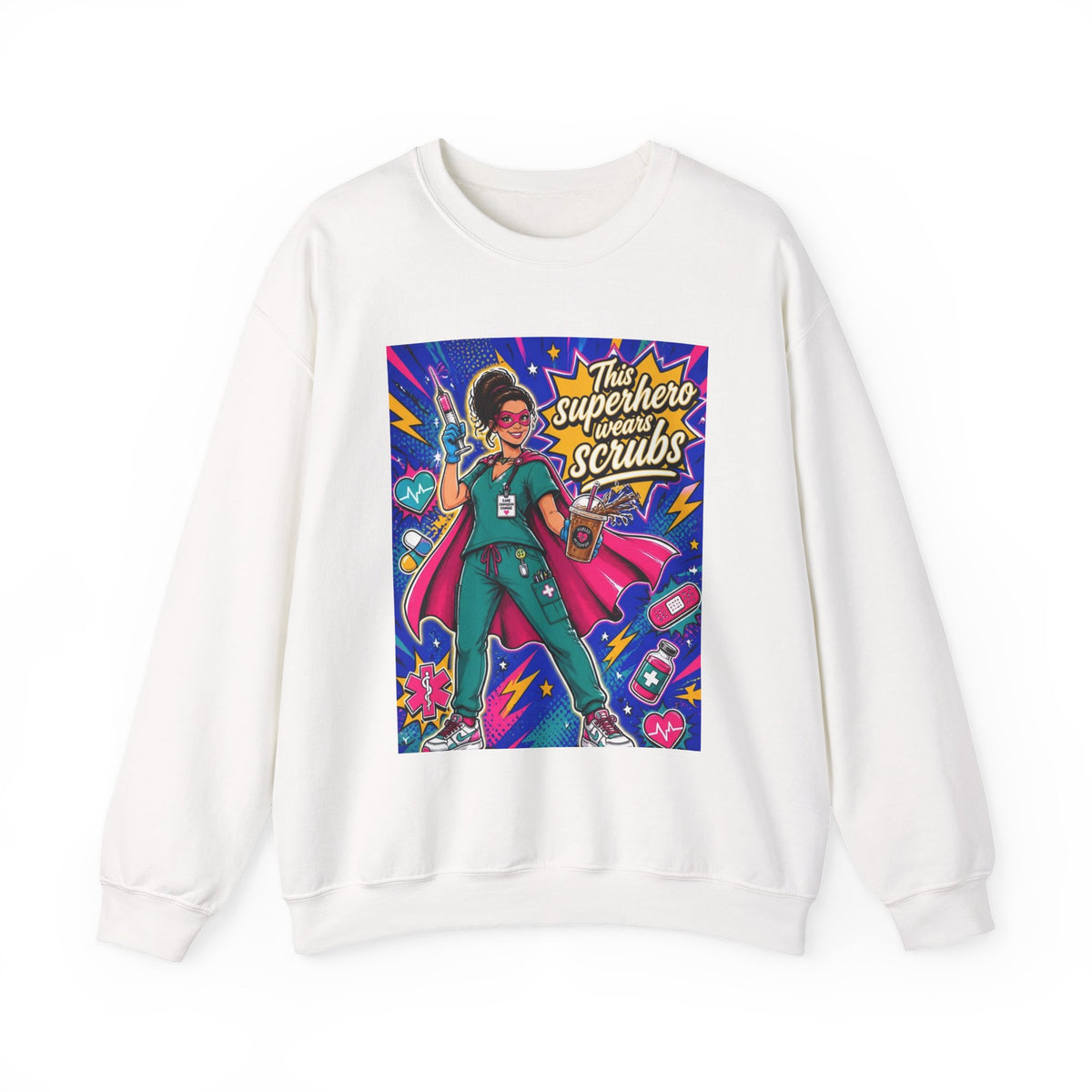 Nurse Superhero Sweatshirt — "This Superhero Wears Scrubs" Crewneck