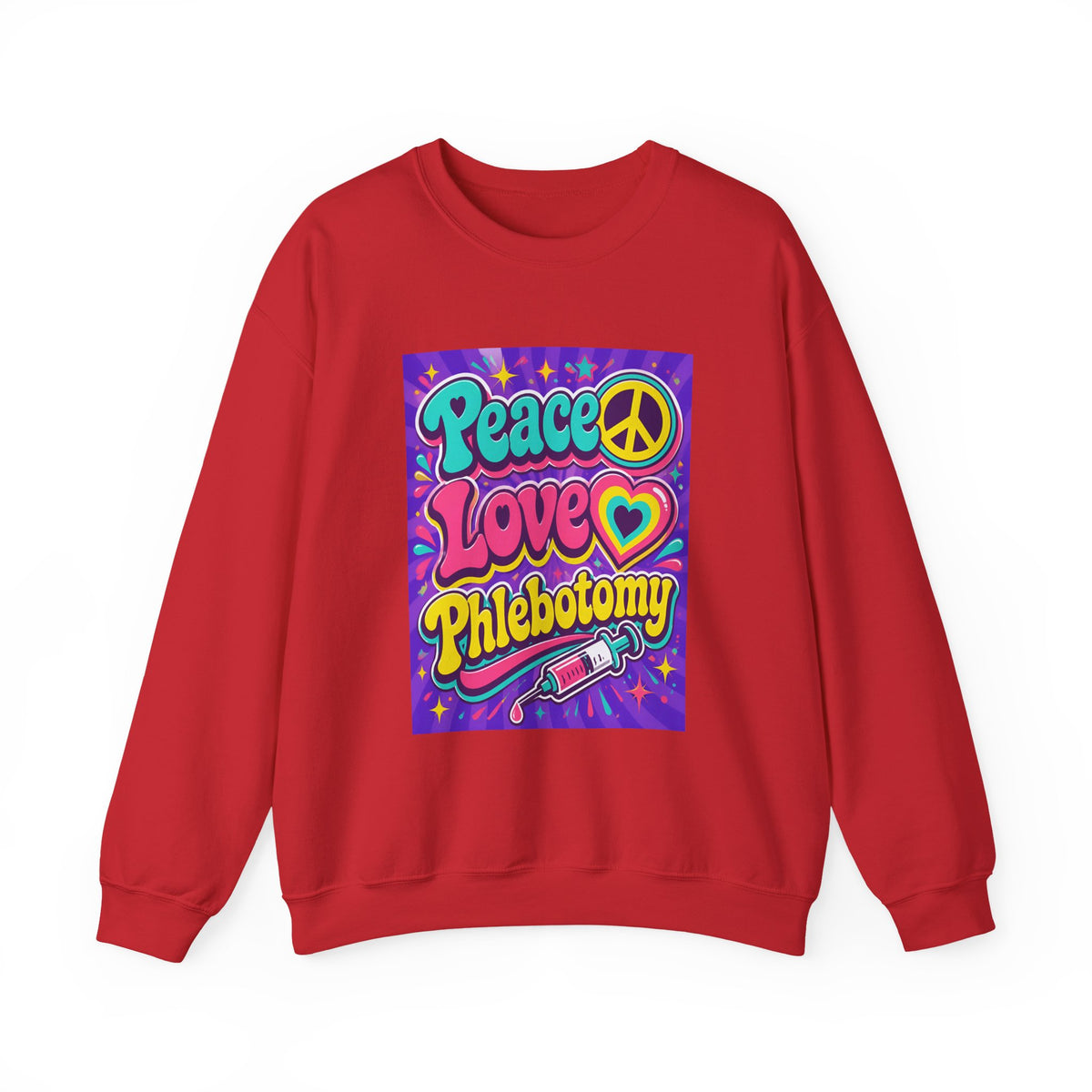 Crewneck Sweatshirt — "Peace Love Phlebotomy" Retro Hippie Medical Sweatshirt