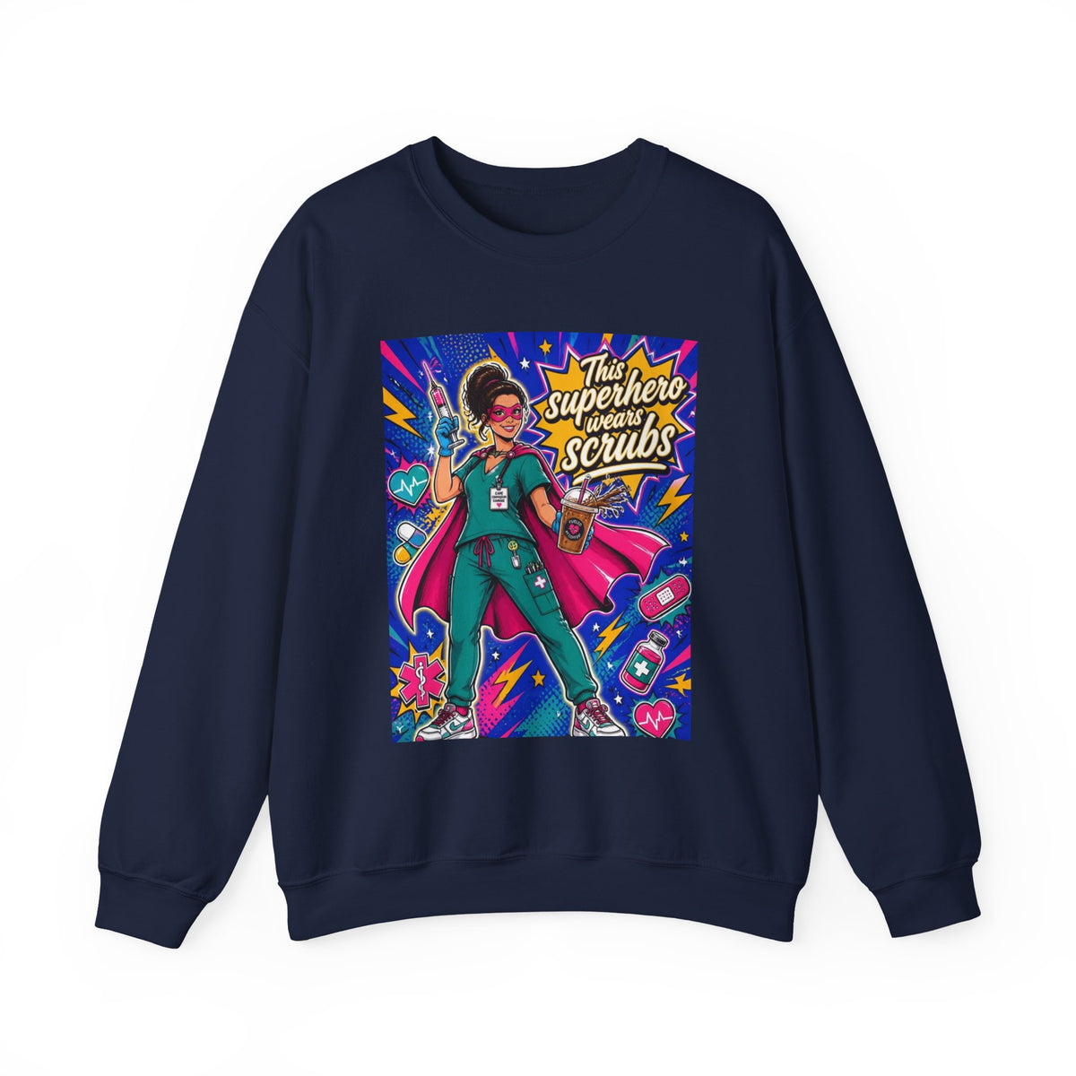 Nurse Superhero Sweatshirt — "This Superhero Wears Scrubs" Crewneck