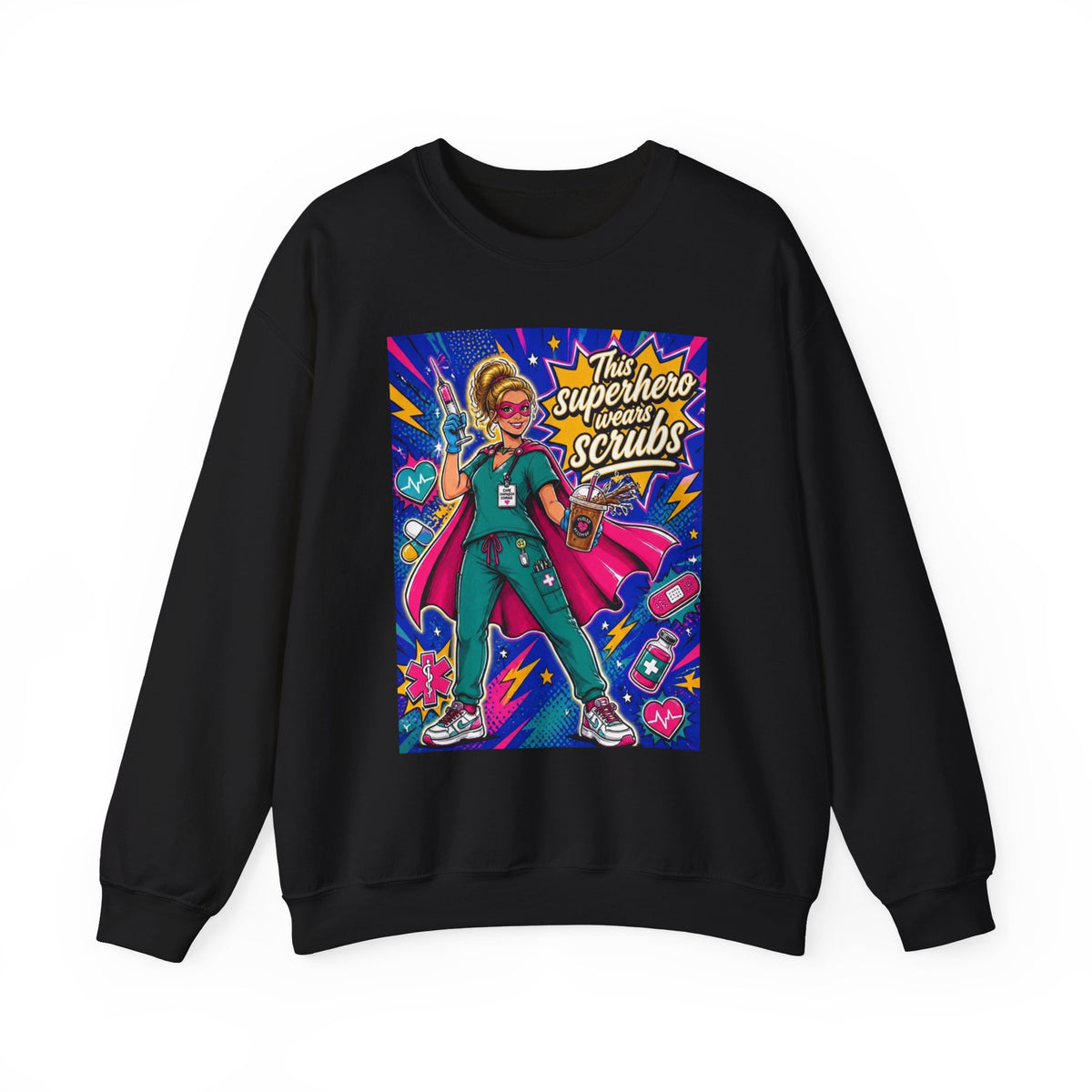 Nurse Superhero Sweatshirt – “This Superhero Wears Scrubs” Crewneck