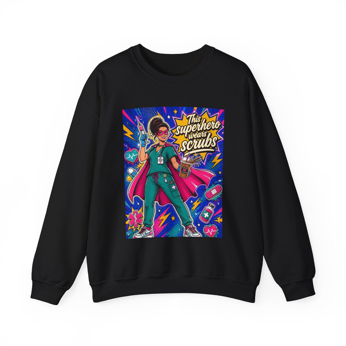 Nurse Superhero Sweatshirt — "This Superhero Wears Scrubs" Crewneck