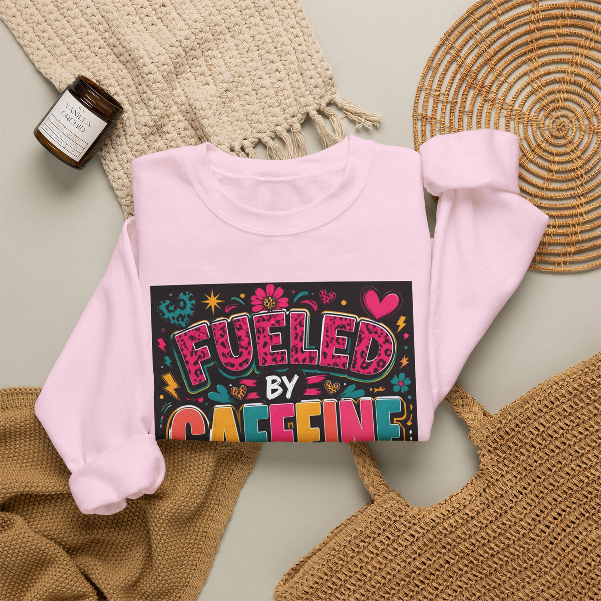 Crewneck Sweatshirt — Fueled by Caffeine and Chaos Colorful Graphic