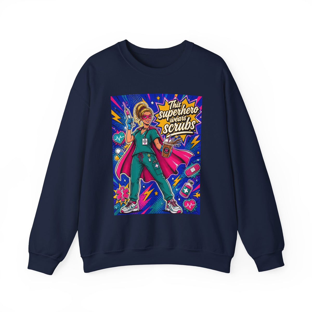 Nurse Superhero Sweatshirt – “This Superhero Wears Scrubs” Crewneck