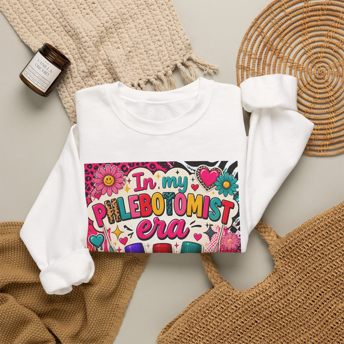 Phlebotomist Era Crewneck Sweatshirt — Colorful Test Tube Medical Tech Tee