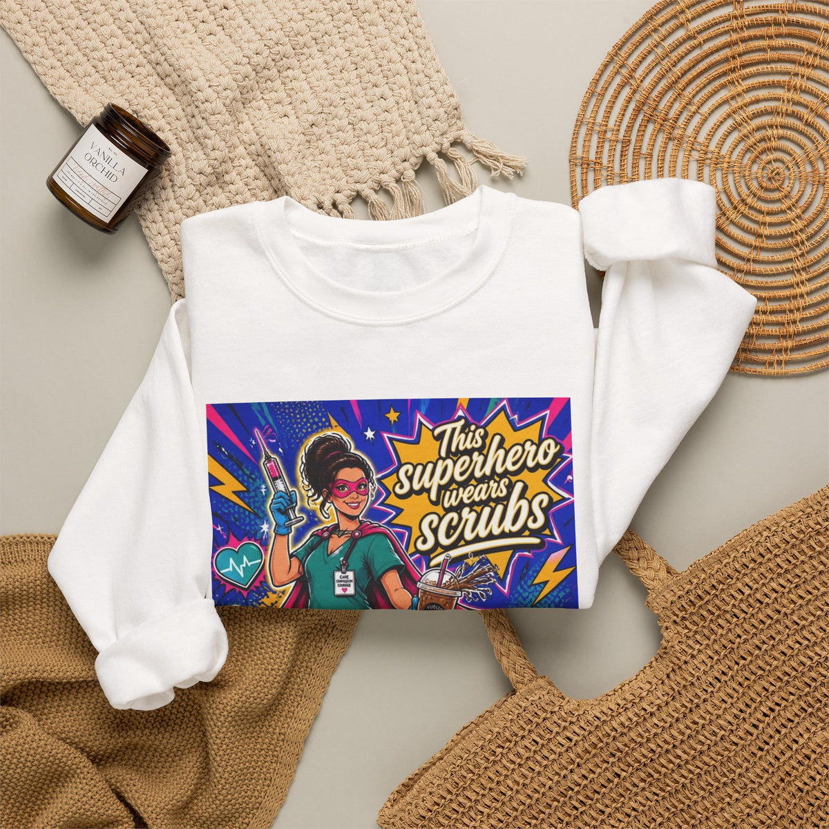 Nurse Superhero Sweatshirt — "This Superhero Wears Scrubs" Crewneck