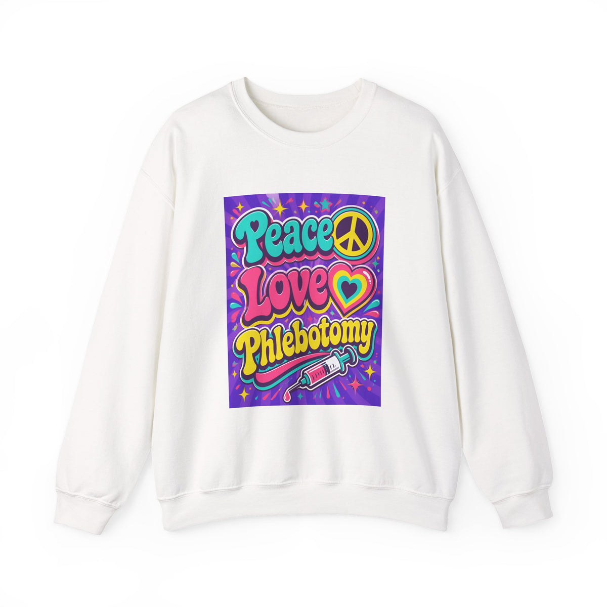 Crewneck Sweatshirt — "Peace Love Phlebotomy" Retro Hippie Medical Sweatshirt