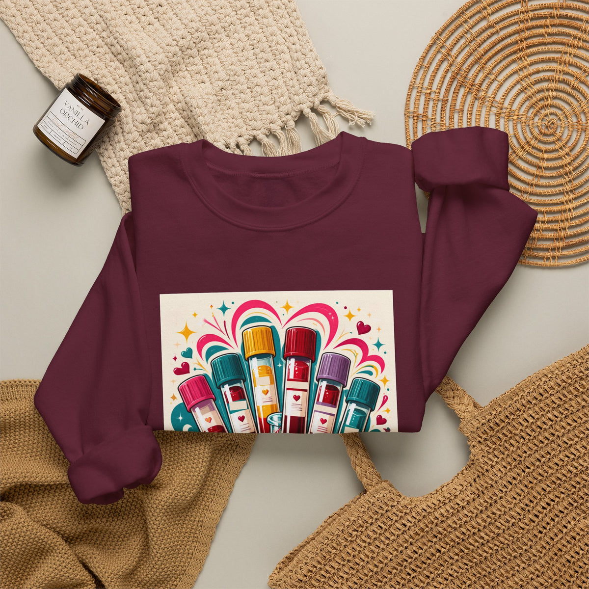 Crewneck Sweatshirt — Vibrant Phlebotomist Blood Tube Graphic
